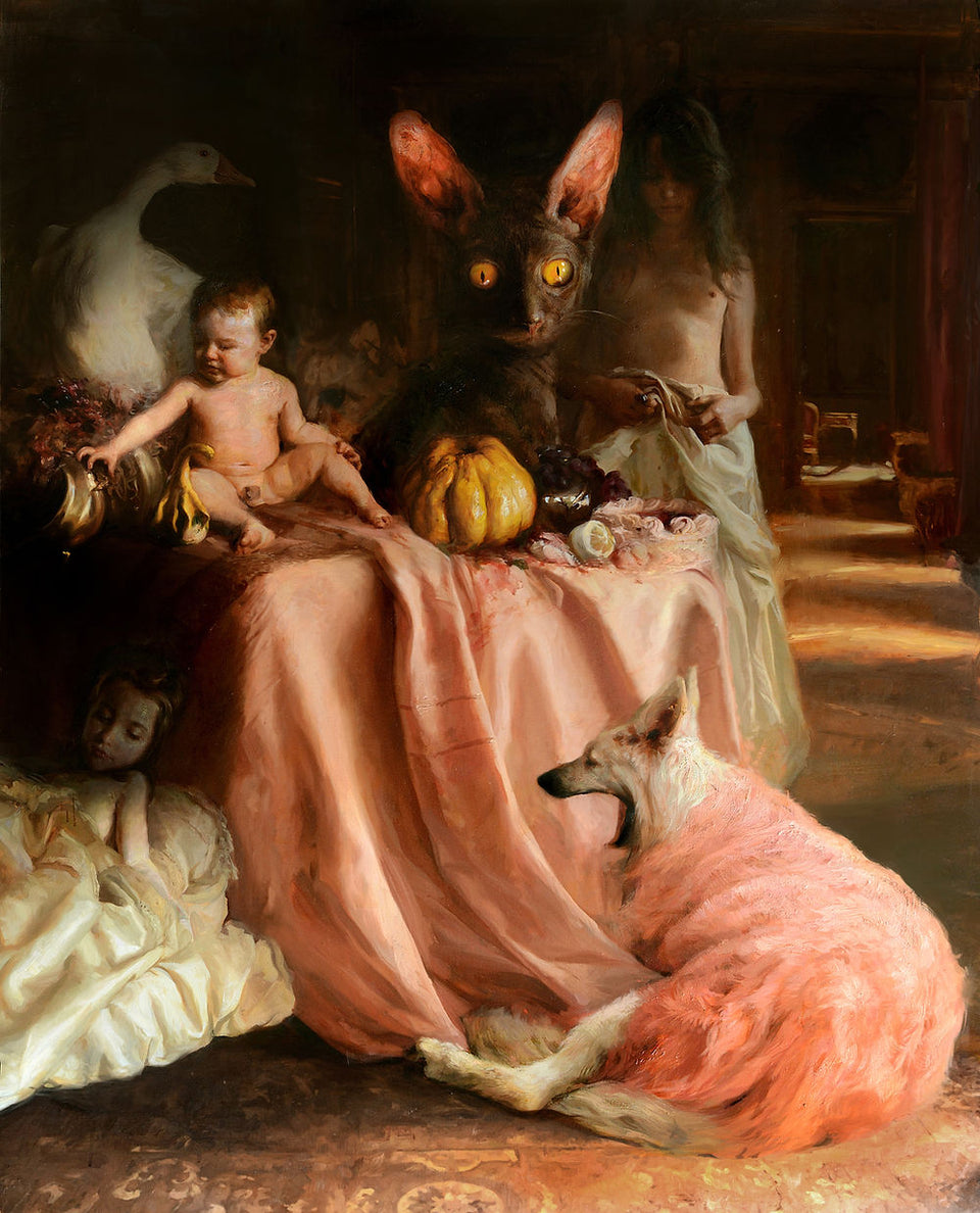 Sade y el gato / Sade and the cat, grabado fine art (giclée) de Guillermo Lorca