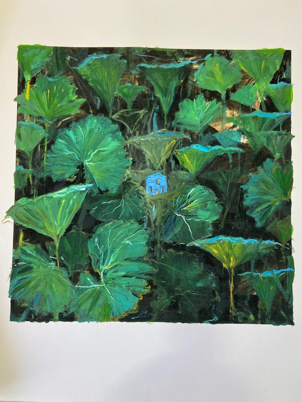 La casa azul - Grabado intervenido al óleo - Lorenzo Moya