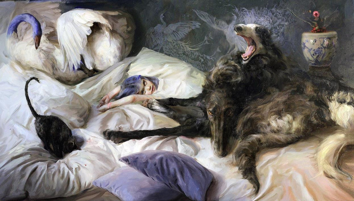 La niña de la habitación del pavo real / The girl of the peacock room, grabado Fine Art Giclée de Guillermo Lorca, 64 x 108 cm
