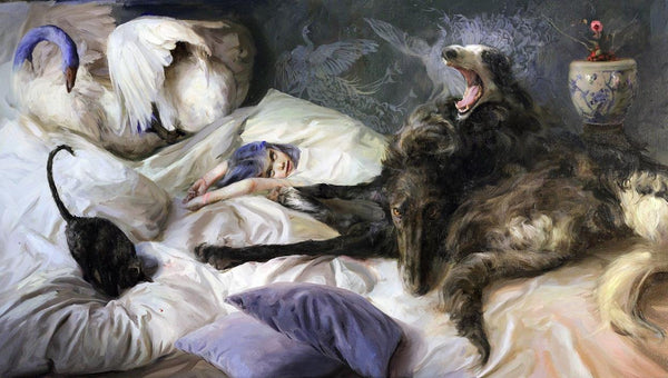 La niña de la habitación del pavo real / The girl of the peacock room, grabado Fine Art Giclée de Guillermo Lorca, 64 x 108 cm