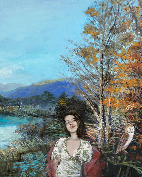 Detalle de Puerto Tranquilo de Lorenzo Moya: figura femenina, árbol y lechuza