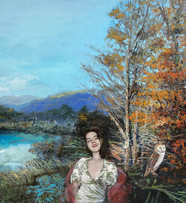 Detalle de Puerto Tranquilo de Lorenzo Moya: figura femenina, árbol y lechuza