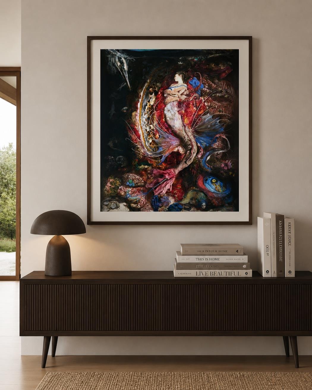 Vista ambientada de Sirena / Mermaid, grabado de Guillermo Lorca
