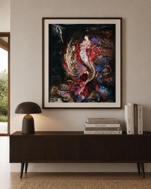 Vista ambientada de Sirena / Mermaid, grabado de Guillermo Lorca